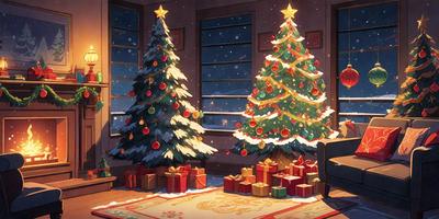 The primary subject of the image is a Christmas tree, which is decorated with ornaments and presents. The setting is a living room, with a couch and a chair visible in the background. The visual style is an animated illustration, giving the scene a festive and lively atmosphere. The dominant colors are red, green, and white, which are commonly associated with Christmas decorations.